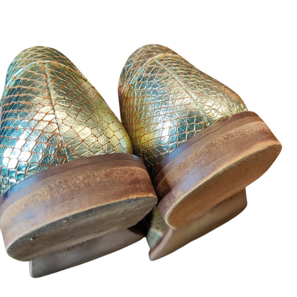 Seychelles Gold Metallic Powerful Leather Snakeskin Fringe Loafers 6.5 Holiday - Picture 7 of 13
